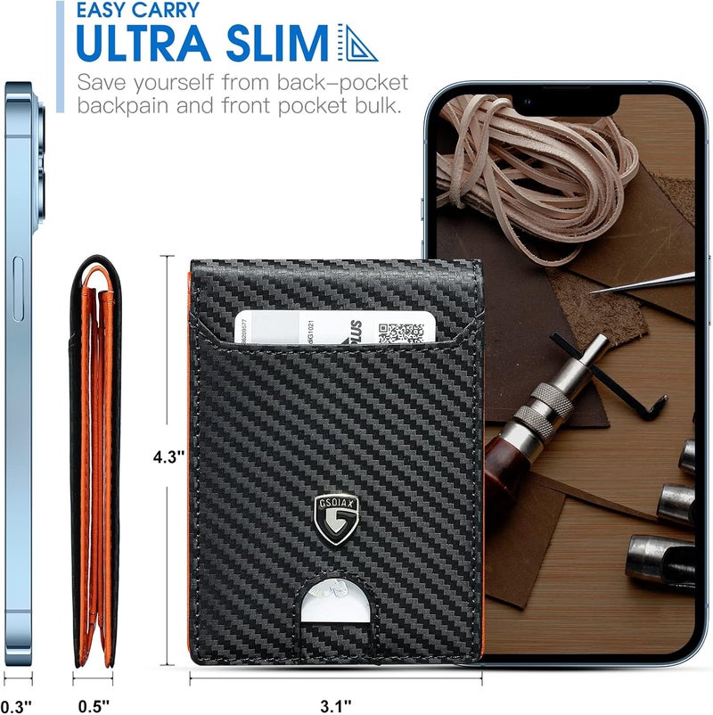 GSOIAX Slim Wallet for Men RFID Blocking Bifold Wallet Carbon Fiber Front Pocket Wallet with 11 Card Holder Minimalist Mens Wallet with Gift Box(Carbon Orange) - Image 3